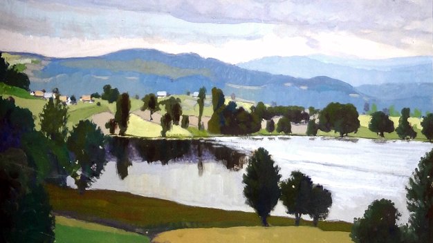 Lago Primavera Excellent condition gouache painting on paper with a summer or spring landscape in Germany. Paper dimension is 12 by...